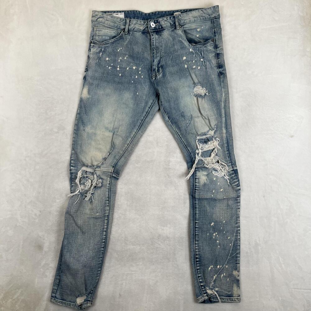 Smoke Rise Jeans Mens 40x34 Blue Slim Skinny Distressed Denim Light Wash Pants